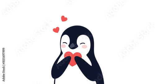 Adorable and cute penguin character blushing and lovingly hugging a red heart isolated on a plain white background design.