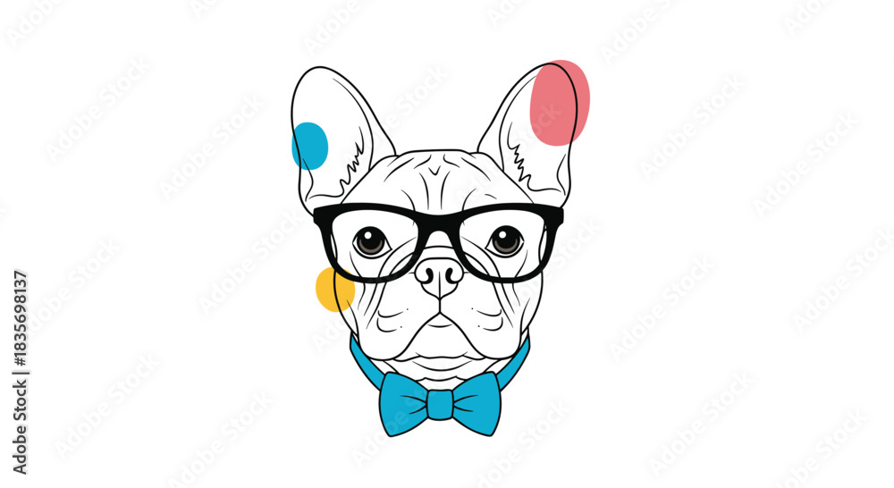Naklejka premium Stylish line art illustration of a French bulldog wearing trendy glasses and a smart bow tie with colorful accent dots.