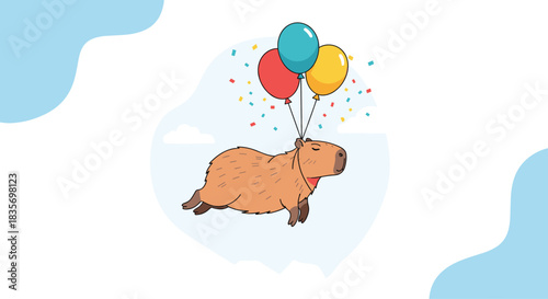 Adorable capybara floating happily through the air holding colorful balloons and surrounded by festive confetti.