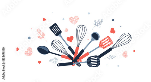 Charming assortment of colorful kitchen utensils arranged creatively in a fan shape adorned with delicate hearts and foliage.