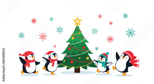 Joyful scene of happy penguins dancing playfully around a decorated Christmas tree surrounded by festive falling snowflakes.
