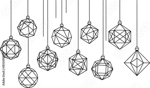 Geometric ornaments hang suspended, creating an elegant and modern festive decoration.