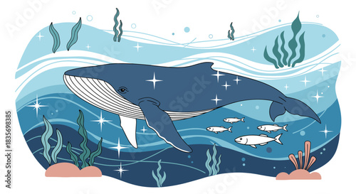 Majestic blue whale swimming gracefully underwater alongside smaller fish and vibrant seaweed in a sparkling ocean scene.