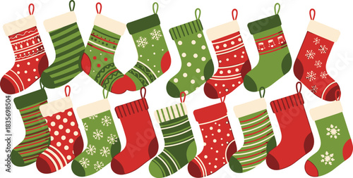 A festive collection of colorful Christmas stockings in red and green, ready for holiday gifts.