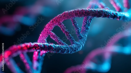 Glowing DNA double helix molecular structure in blue and magenta light. AI generative