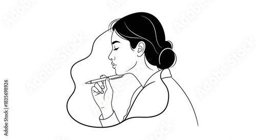 Woman playing a flute with eyes closed in a sketch style.