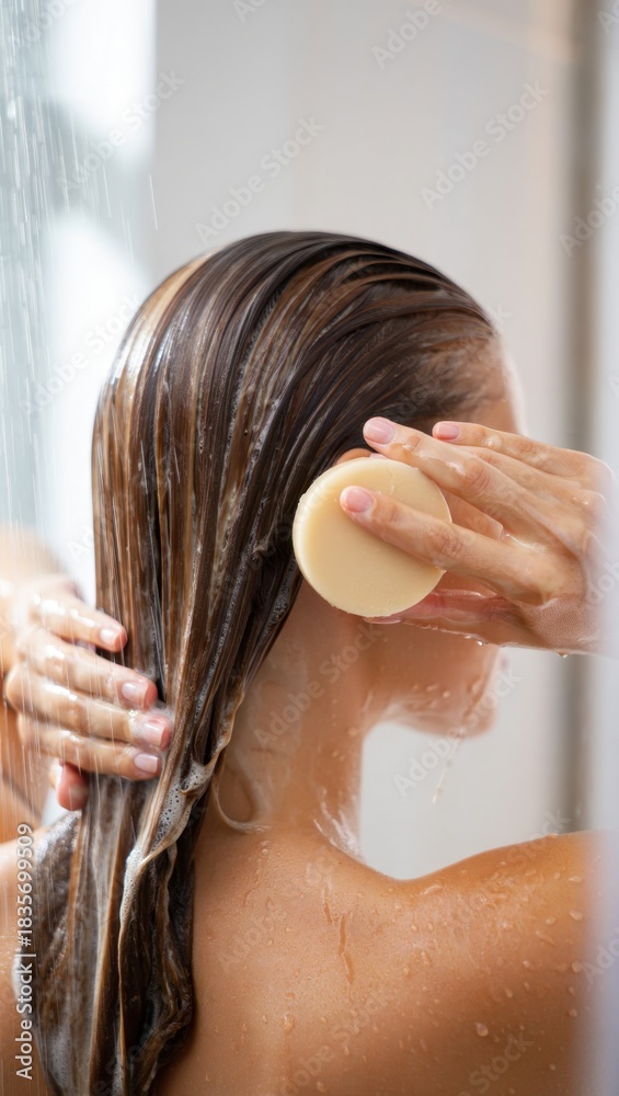 Naklejka premium Solid shampoo bar in use during shower, eco-friendly hair care routine, sustainable bathroom essentials, plastic-free personal hygiene, environmentally conscious toiletries choice