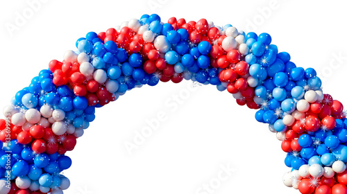 A large arch of balloons in red white and blue colors