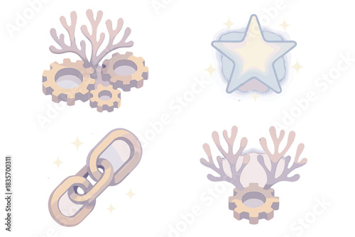 Biomechanical Marine Artistry. Isometric vector illustration set Bio-mechanical constellations: coral growth over gears, luminous