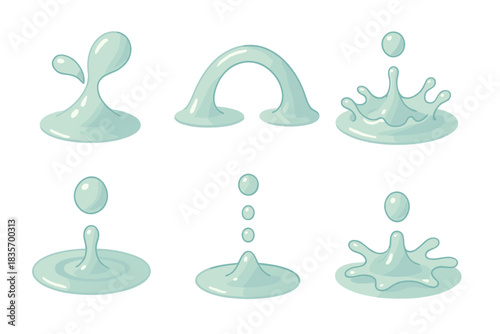 Fluid Dynamics Study. Isometric vector illustration set Droplet motion study: fluid collisions, curved liquid bridges, splash