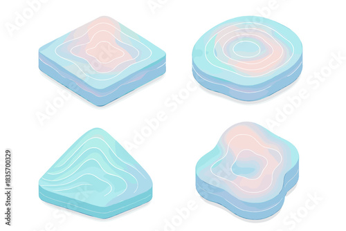 Pastel Isometric Topography. Isometric vector illustration set Depth tone atlas: abstract watercolor layers, glowing neon markings
