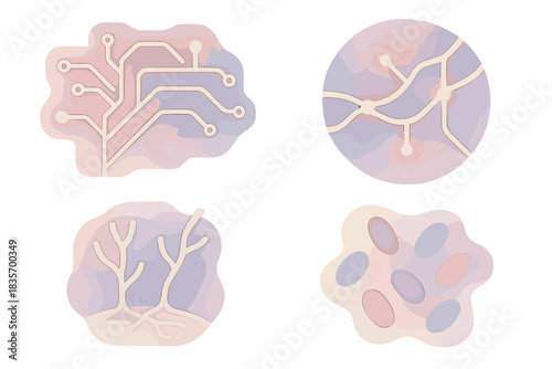 Fungal Circuit Art. Isometric vector illustration set Circuit mycology: fungal filaments entwined with printed paths, watercolor