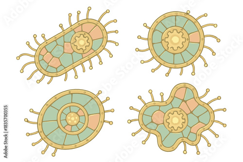 Steampunk Microbial Mechanisms. Isometric vector illustration set Steampunk microbial mechanisms: stained glass cell walls, brass