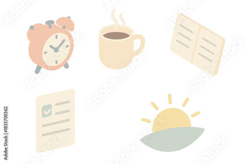 Morning Essentials Icons. Isometric vector illustration set Positive morning symbols: clock alert, steaming coffee, notebook pages