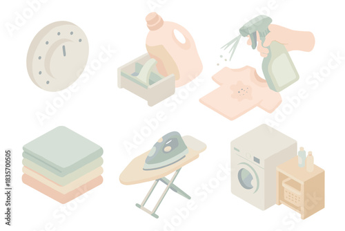 Laundry Care Icons. Isometric vector illustration set of laundry care icons: washing machine cycle selection dial, detergent pour