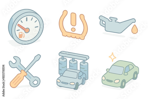 Automotive Dashboard Symbols. Isometric vector illustration set of automotive dashboard symbols: empty gas level, tire pressure