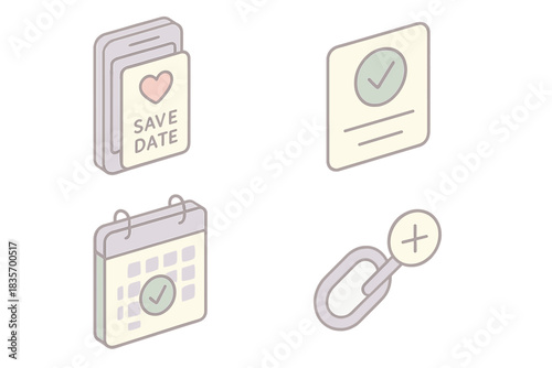 Event RSVP Icons. Isometric vector illustration set of event RSVP features: digital invitation “save the date”, attendance