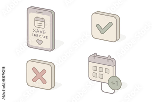 Minimalist RSVP Icons. Isometric vector illustration set of event RSVP features: digital invitation “save the date”, attendance