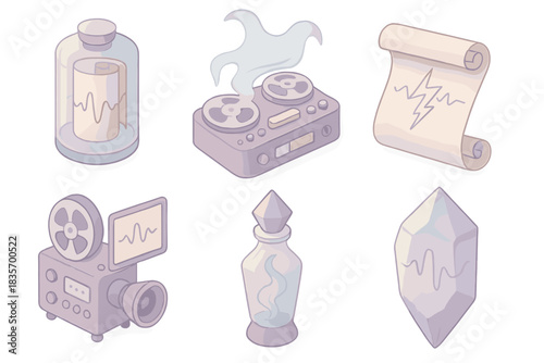 Spectral Sound Preservation Icons. Isometric vector illustration set of spectral audio preservation icons: archiving a forgotten