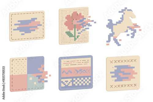 Textile Glitch Art Fusion. Isometric vector illustration set of textile-glitch fusion art: fabric stitched with error message,
