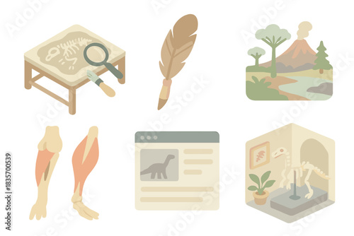 Paleontological Art Icons. Isometric vector illustration set of paleontological art icons: fossil reconstruction on worktable,