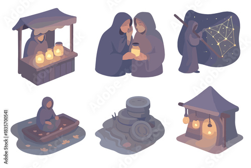 Surreal Marketplace Scenes. Isometric vector illustration set of surreal marketplace scenes: twilight vendor with glowing wares,