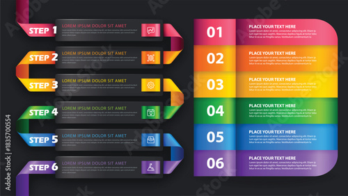 Six Step Process Infographic With Colorful Ribbon Segments, Modern Timeline Layout, Numbered Stages, and Clean Visual Design for Business Strategy, Workflow Planning, and Professional Presentations