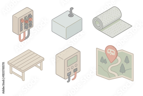 Van Conversion Essentials. Isometric vector illustration set of van conversion essentials: electrical fuse box, water tank sensor,
