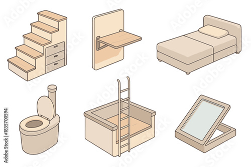 Compact Home Innovations. Isometric vector illustration set of compact home design: staircase with built-in drawers, fold-down