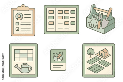 Urban Garden Volunteer Icons. Isometric vector illustration set of urban garden volunteer system: sign-up sheet, shift timeline
