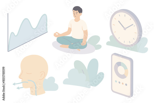 Mindfulness Practice Icons. Isometric vector illustration set of breathing and calm practice: inhale-hold-exhale graph, meditating