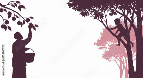 Silhouette of tree harvesting scene depicts harvesting fruit by figure with basket and child climbing tree. Harvesting fruit illustrates rural lifestyle,