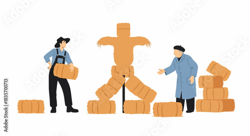 Workers building straw man with straw bales in agricultural field. Straw man creation shows agricultural work with hay bales. Agricultural straw man figure is built with hay bales,