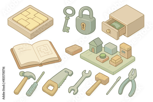 Mystery Room Props. Isometric vector illustration set of mystery room prop design: puzzle prototype, key and lock set, hidden