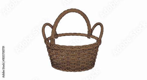 Rustic basket on clear backdrop, woven design providing simple charm. This empty basket is charming, with detailed texture and crafted style.