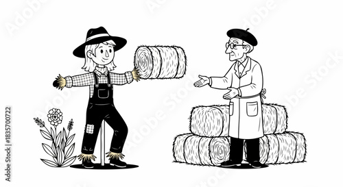 Illustration of hay bale handling. Farmers interact in illustration of hay bale handling, exchanging bales of hay in field. Cartoon illustration of hay bale handling for children books.