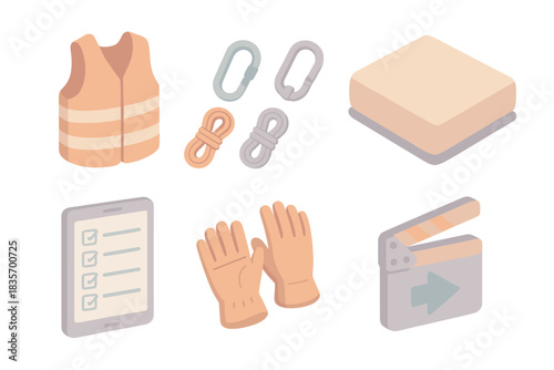 Stunt Kit Essentials. Isometric vector illustration set of professional stunt kit: safety vest, carabiners and ropes, crash