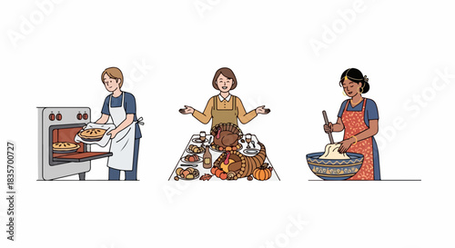 Illustration showing preparing Thanksgiving dinner, with woman putting pie in oven, another confused by too much food, and third woman mixing ingredients.