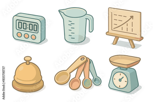 Culinary Timing Icons. Isometric vector illustration set of culinary timing workflow: digital kitchen timer, measuring jug, spoon