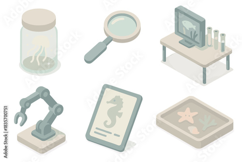 Marine Study Kit. Isometric vector illustration set of marine specimen study kit: bioluminescent jar, magnifying lens, underwater