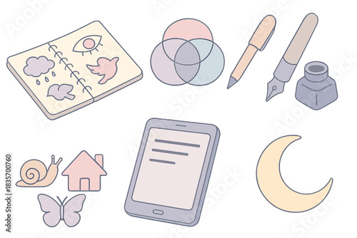 Dream Symbolism Icons. Isometric vector illustration set of dream symbolism workflow: notebook with sketches, recurring theme