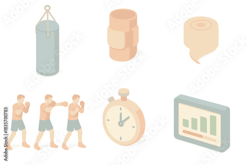 Striking Technique Workflow. Isometric vector illustration set of striking technique workflow: punching bag, elbow/knee pad, hand