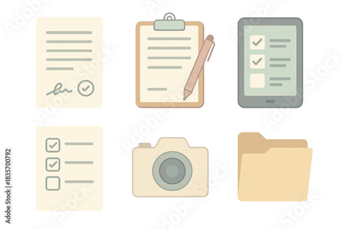 Production Paperwork Toolkit. Isometric vector illustration set of production paperwork toolkit: signed forms, clipboard with pen,