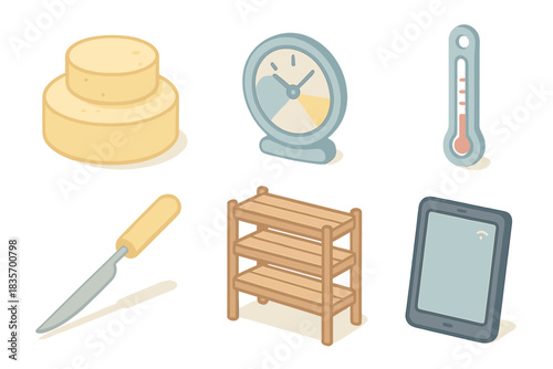 Artisanal Dairy Tools Icons. Isometric vector illustration set of artisanal dairy tools: cheese wheels, humidity gauge,