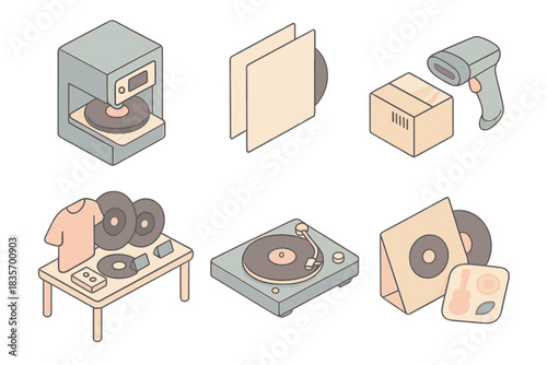Indie Vinyl Production Timeline. Isometric vector illustration set Indie band vinyl record production timeline: pressing machine