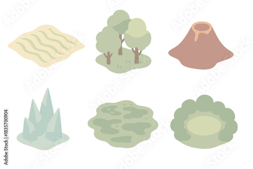 Fantasy Map Symbols. Isometric vector illustration set Fantasy map illustrator's topography symbols: desert dune wave pattern,