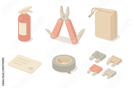 Car Emergency Kit. Isometric vector illustration set Basic car emergency kit contents: compact fire extinguisher, multi-tool with