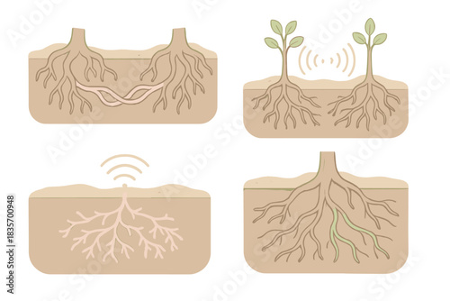 Underground Tree Network. Isometric vector illustration set Underground tree root communication network: organic root cable