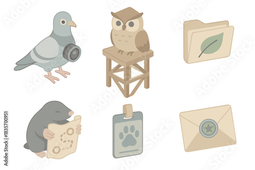 Suburban Wildlife Spy Agency. Isometric vector illustration set Suburban wildlife spy agency operations: pigeon drone with camera