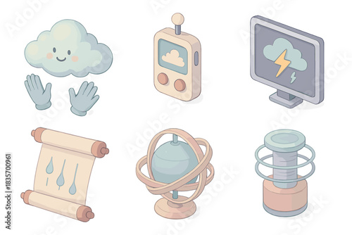Weather Control Instruments. Isometric vector illustration set Sentient cloud formation and weather control: vapor sculpting